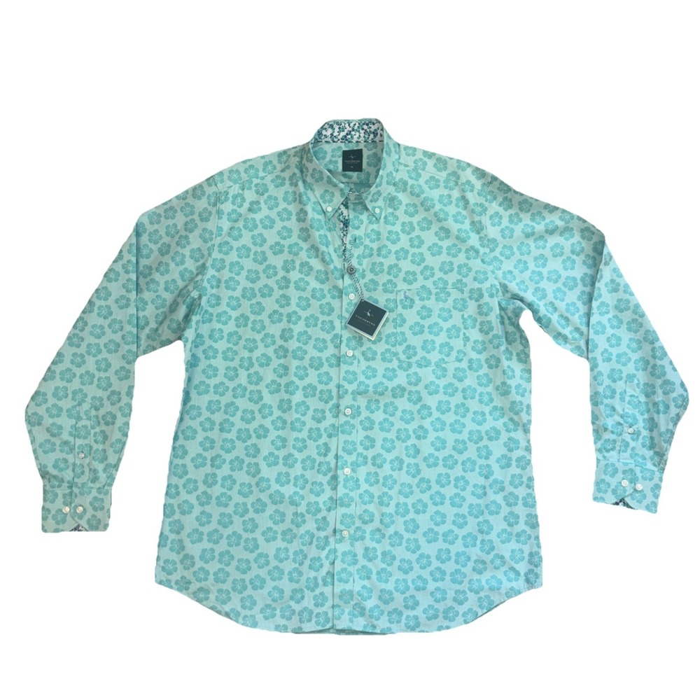 Tailorbyrd Shirt Mens Sz XL Blue Green Hawaiian Floral Long Sleeve Cotton